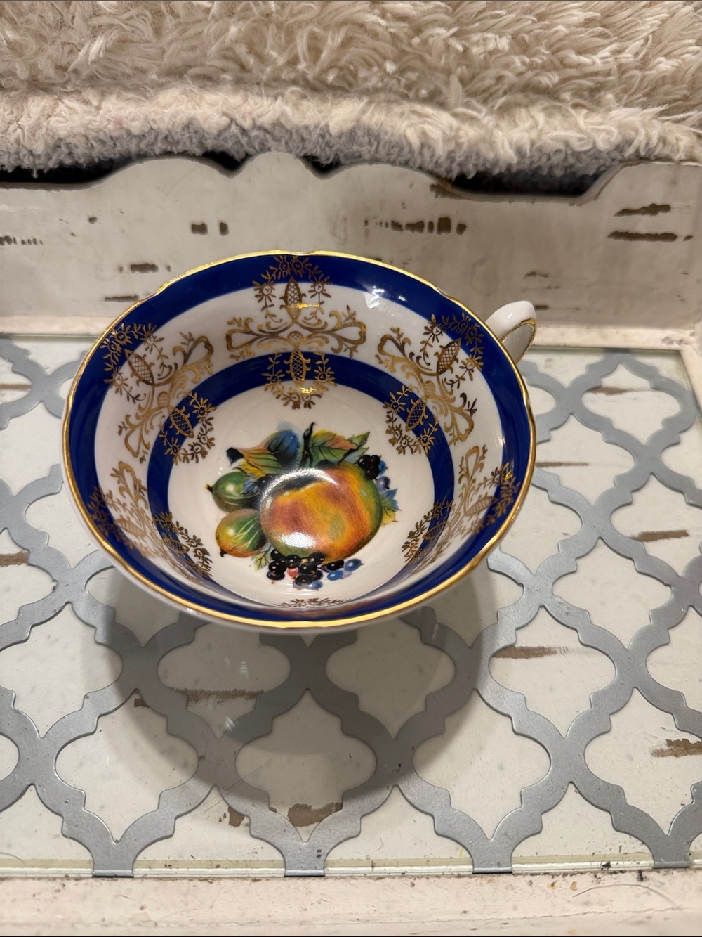 Blue and Gold Fruit-Decor Teacup – Classic Porcelain Tea Cup